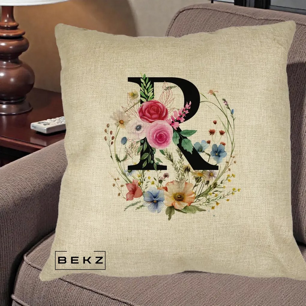 Cadou Personalizat - Perna Personalizata Monogram Litera R cu Flori Acuarela, 40x40 cm, Crem, Husa Detasabila, Perna Inclusa, BEKZ®