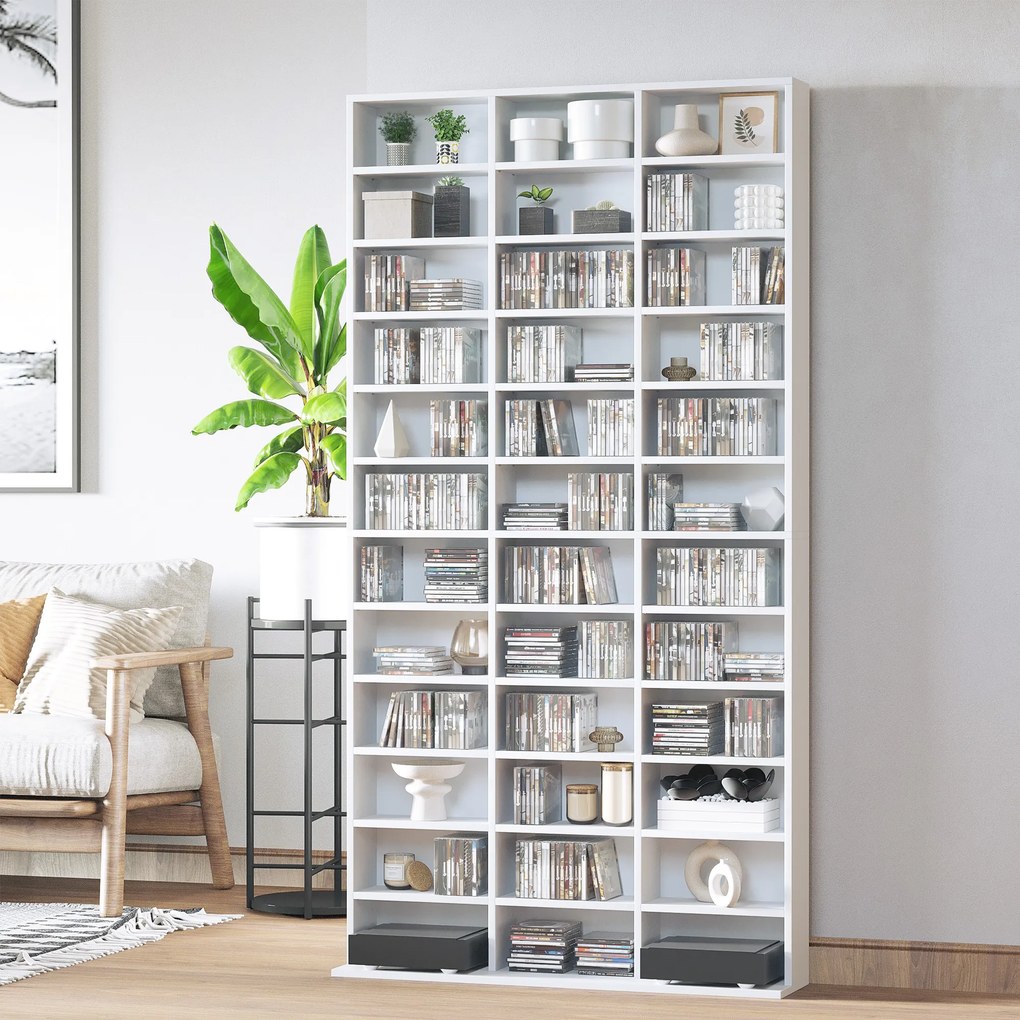 HOMCOM Bibliotecă CD de perete cu 36 de rafturi reglabile, 195 x 102 x 23.5cm, alb | Aosom Romania