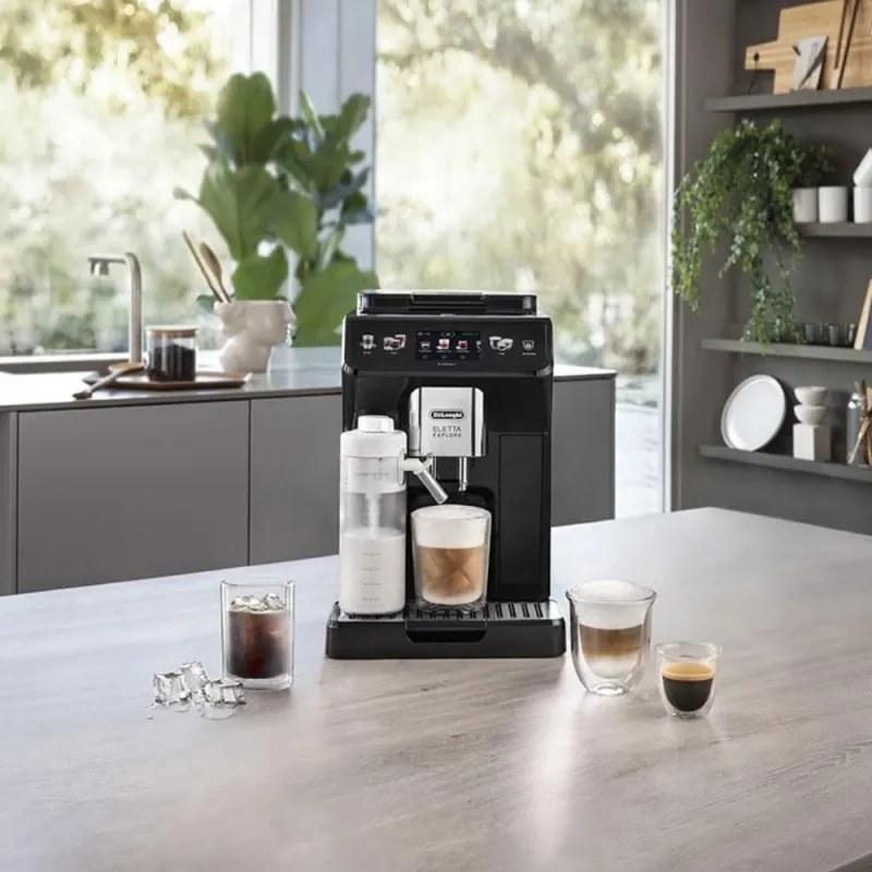 Espressor automat DeLonghi Eletta Explore ECAM450.65.G, 1450W, 19 bar, 1.8l, Wi-Fi, Touch TFT display, LatteCrema hot/cool, Twin Shot, To-Go, Cafea boabe, Negru/Gri