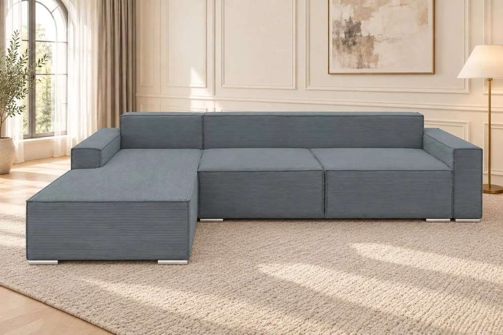 Colțar extensibil Livia din catifea reiată, gri, colț pe stânga, cu ladă de depozitare