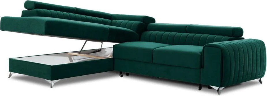 Colțar verde extensibil/cu spațiu de depozitare cu tapițerie din catifea (cu colț pe partea stângă/în formă de ”L”) Laurence – ELTAP