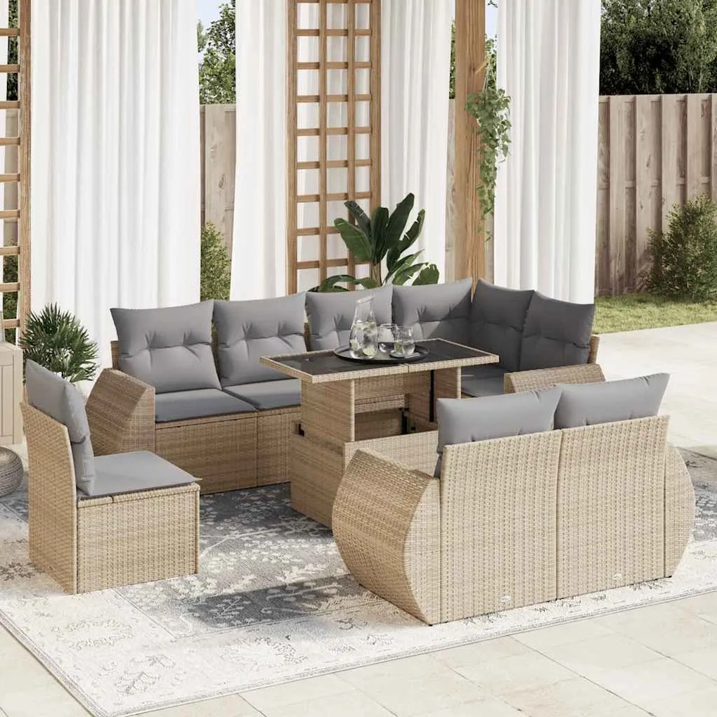 vidaXL Set canapele de grădină, 9 piese, cu perne, bej, poliratan