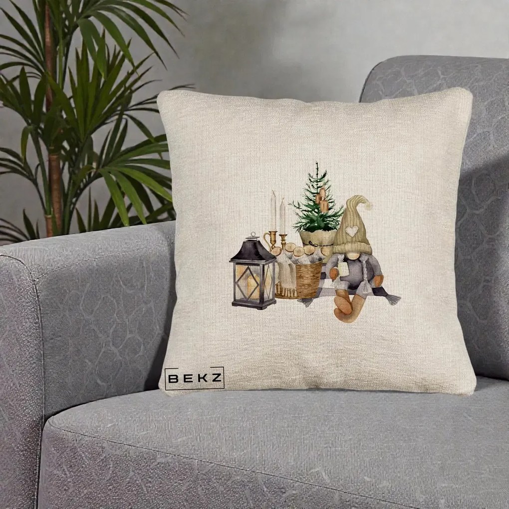 Perna Decorativa Gnom Scandinav cu Felinar, 40x40 cm, Bej Canapea, Husa Detasabila, Perna Inclusa, BEKZ®