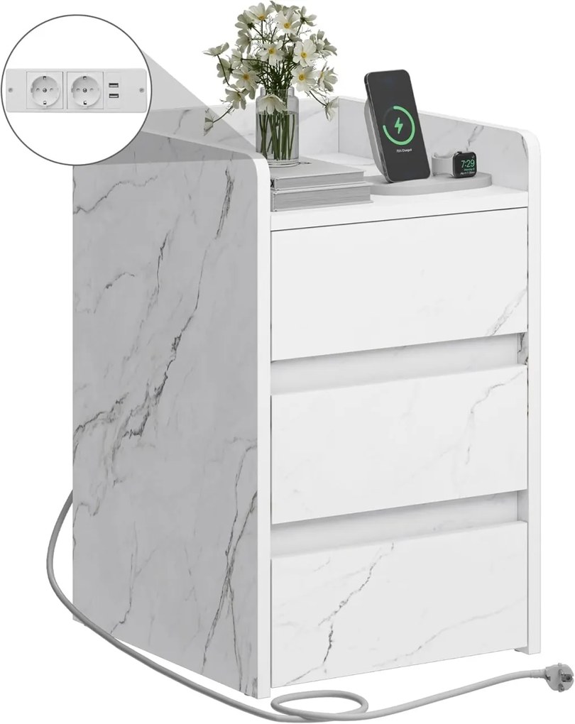 NOA64 - Set 2 Noptiere albe 35 cm, cu 3 sertare Priza si USB, dormitor - Alb Imitatie de Marmura