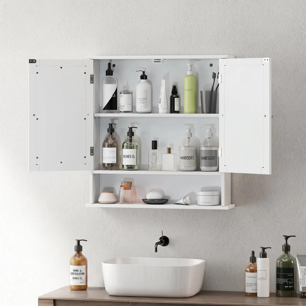 kleankin Dulap Suspendat pentru Baie cu 2 Uși cu Oglindă și Raft Deschis, Raft Interior Reglabil, Mânere Metalice, 56x13x58 cm, Alb | Aosom Romania