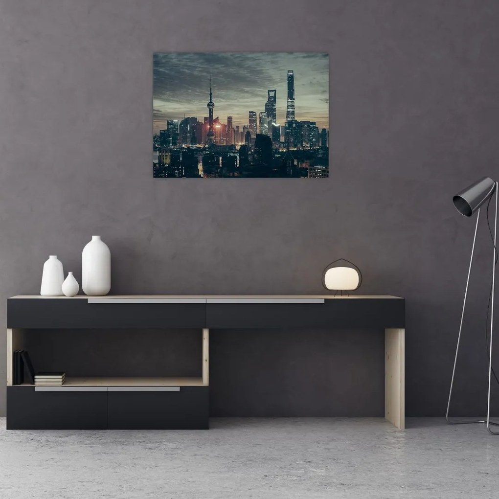 Tablou pe sticlă cu orașul în amurg (70x50 cm)