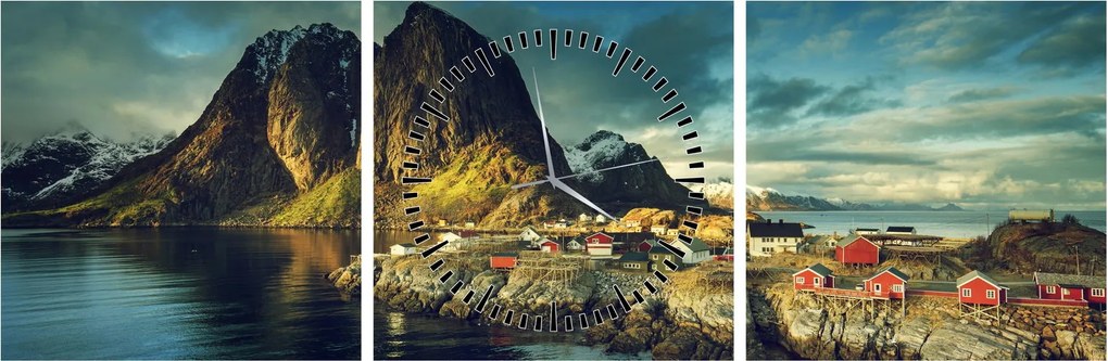 Tablou cu sat de pescari din Norvegia (cu ceas) (90x30 cm)