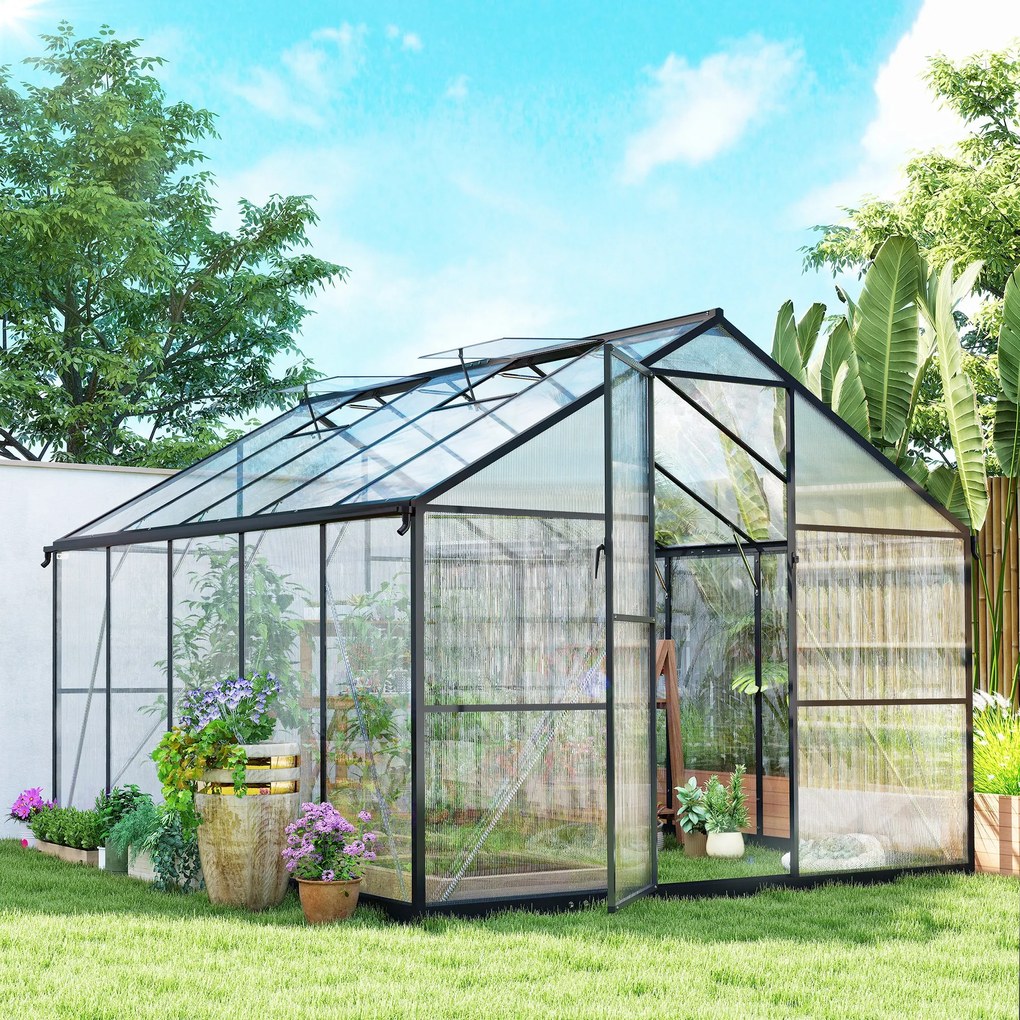 Seră de grădină Outsunny din aluminiu și policarbonat, 7,5㎡, cu ușă cu balamale, 2 ferestre reglabile, sistem de drenaj, anti-UV, 304x247x205cm, negru | Aosom Romania