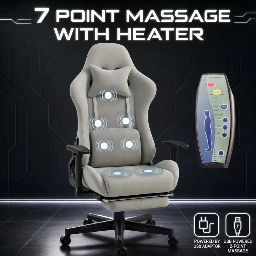 RESIGILAT- Scaun Gaming cu Masaj 7 Puncte și Încălzire, Telecomanda, Cotiere 3D, Reclinare 180°, Suport Picioare, Catifea, Gri