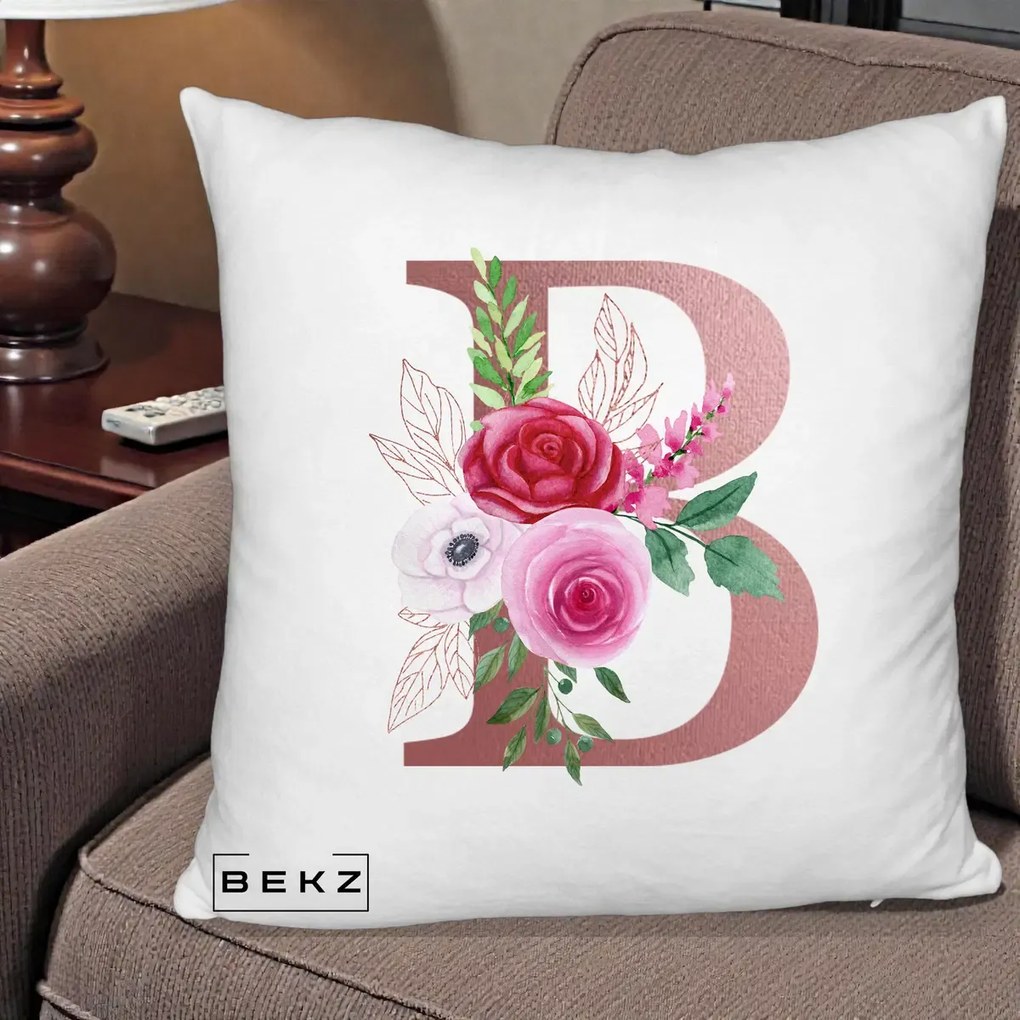 Cadou Personalizat - Perna Personalizata Monograma Rose Gold Litera B, 40x40 cm, Alb Pufos, Husa Detasabila, Perna Inclusa, BEKZ®