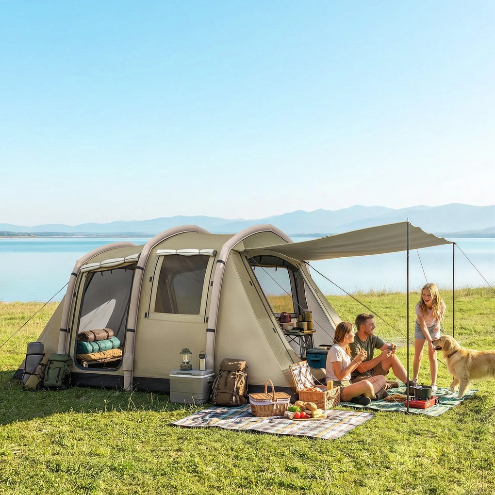 Outsunny Cort gonflabil 5-6 persoane Montare rapidă Cort outdoor pentru camping cu pompă Ferestre din plasă țăruși Prelată frontală | Aosom Romania