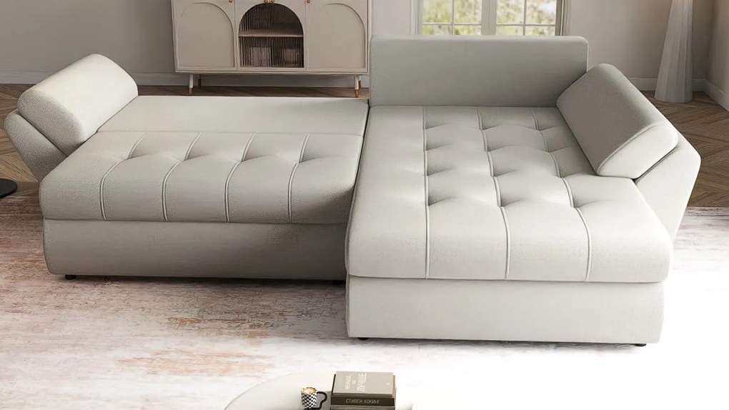 Colțar extensibil dumonde cu ladă de depozitare si sezut confortabil din spuma high-density, Loana Enjoy Bej II 270x185 cm