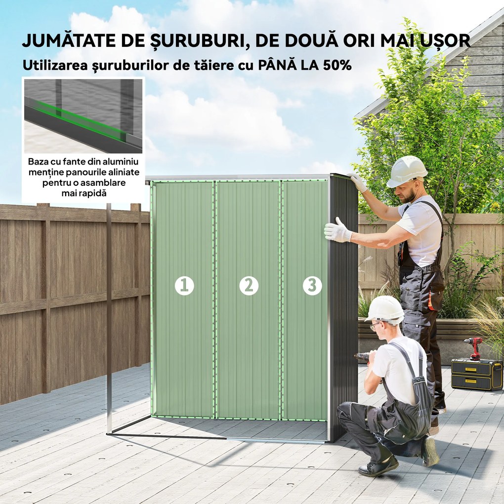 Outsunny Căsuță de Grădină 1.37m² din Metal, Montare Ușoară, Depozit pentru Unelte de Grădină cu Fante de Aer, Ușă Culisantă, Acoperiș Înclinat și Mănuși, 159x106x181 cm, Gri Închis | Aosom Romania