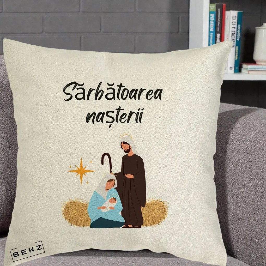 Perna Decorativa Nasterea Domnului Sfanta Familie Sarbatoarea Nasterii, 40x40 cm, Ecru, Husa Detasabila, Perna Inclusa, BEKZ®