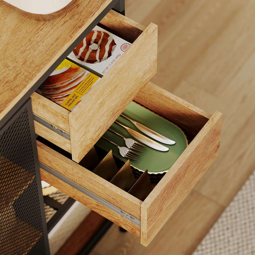 HOMCOM Bufet, dulap de bucătărie, blat de lucru, ușă glisantă, sertare și rafturi deschise, 60x40x180cm, lemn natural | Aosom Romania