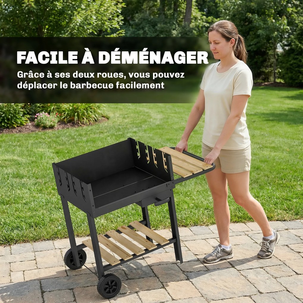 Outsunny Cărucior de grătar din lemn cu 2 grătare reglabile, grătar pe cărbuni pe roți, poliță laterală, negru | Aosom Romania