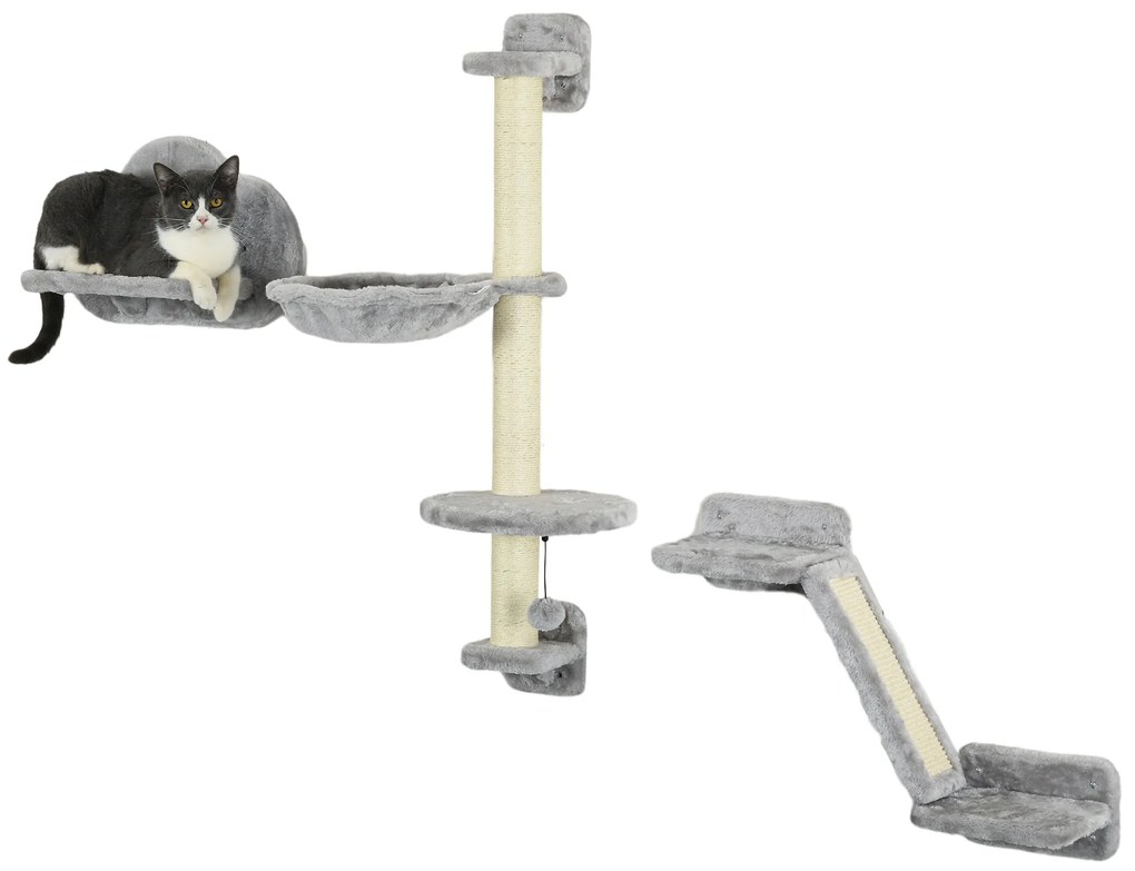 PawHut Set de 3 piese Cățărat pe Perete pentru Pisici cu Hamac Rampă cu Zgârietor Platformă în Formă de Nor Gri | Aosom Romania