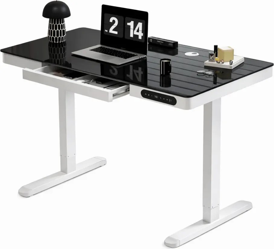 Birou Electric Reglabil pe Înălțime cu Sertar Ascuns, Încărcare Wireless & USB, Senzor de siguranță, 140x60, Sticla Negru