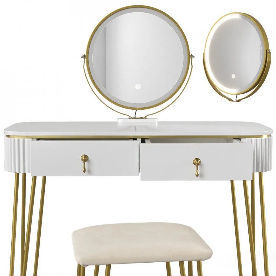 SEA398 - Set Masa toaleta, 100 cm, cosmetica machiaj, oglinda cu LED, scaunel taburet tapitat - Alb Lucios-Auriu