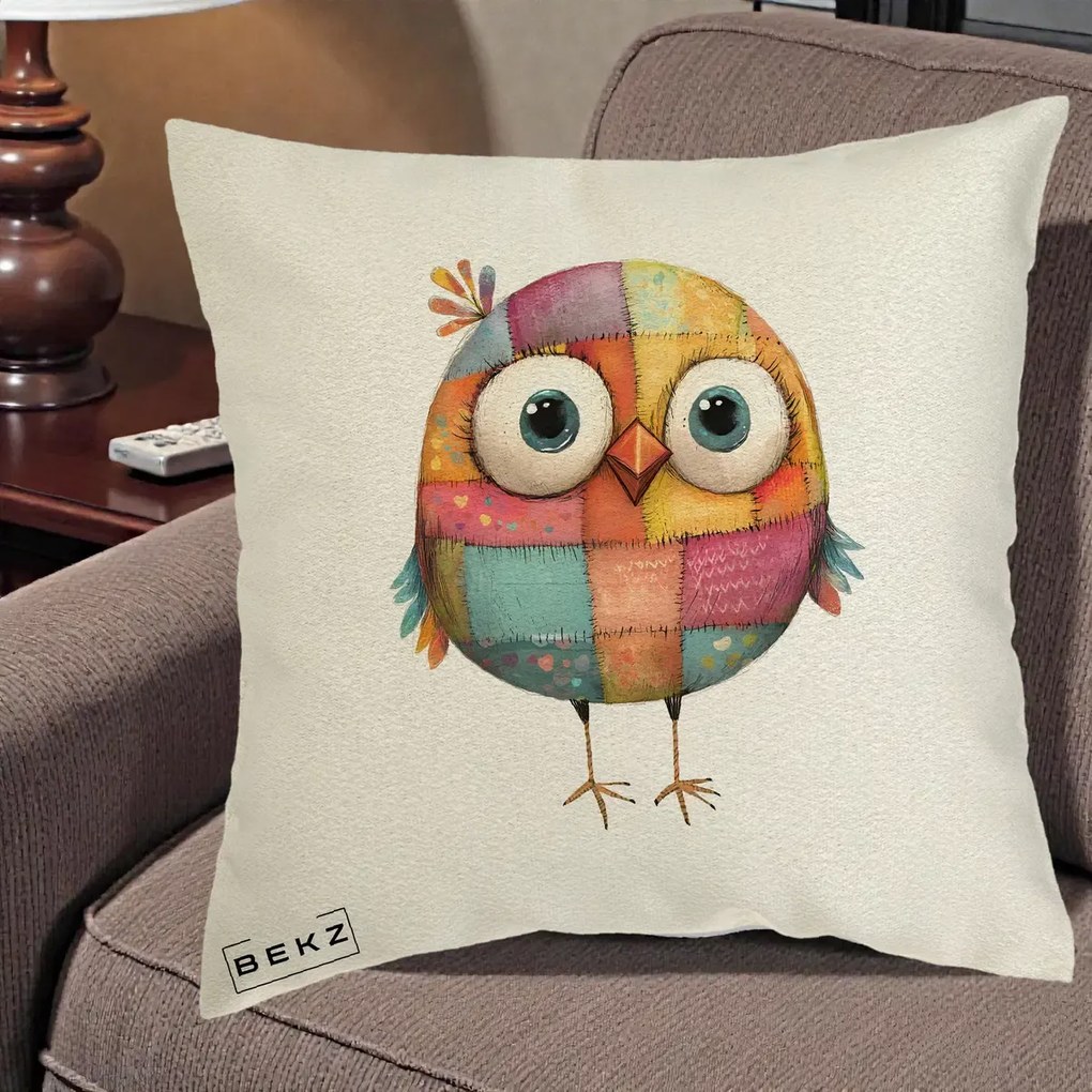 Perna decorativa Pasare Patchwork Colorata, 40x40 cm cu Umplutura, Ecru, BEKZ