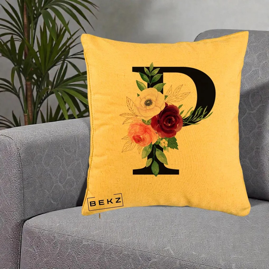 Cadou Personalizat - Perna Personalizata Monograma Florala Litera P, 40x40 cm, Galben, Husa Detasabila, Perna Inclusa, BEKZ®