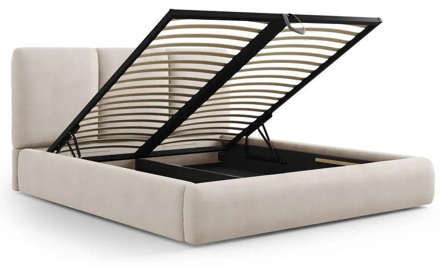 Pat matrimonial bej tapițat cu spațiu de depozitare și somieră 160x200 cm Brody – Mazzini Beds