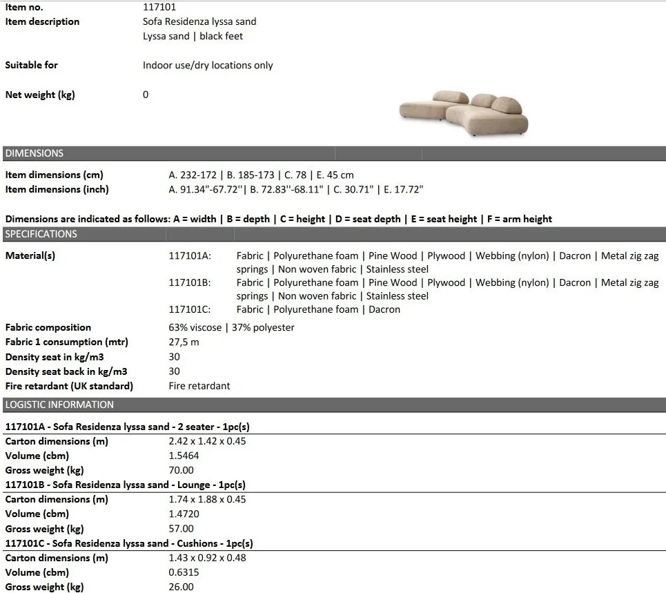 Canapea fixa design LUX din 2 module Residenza, Lyssa sand