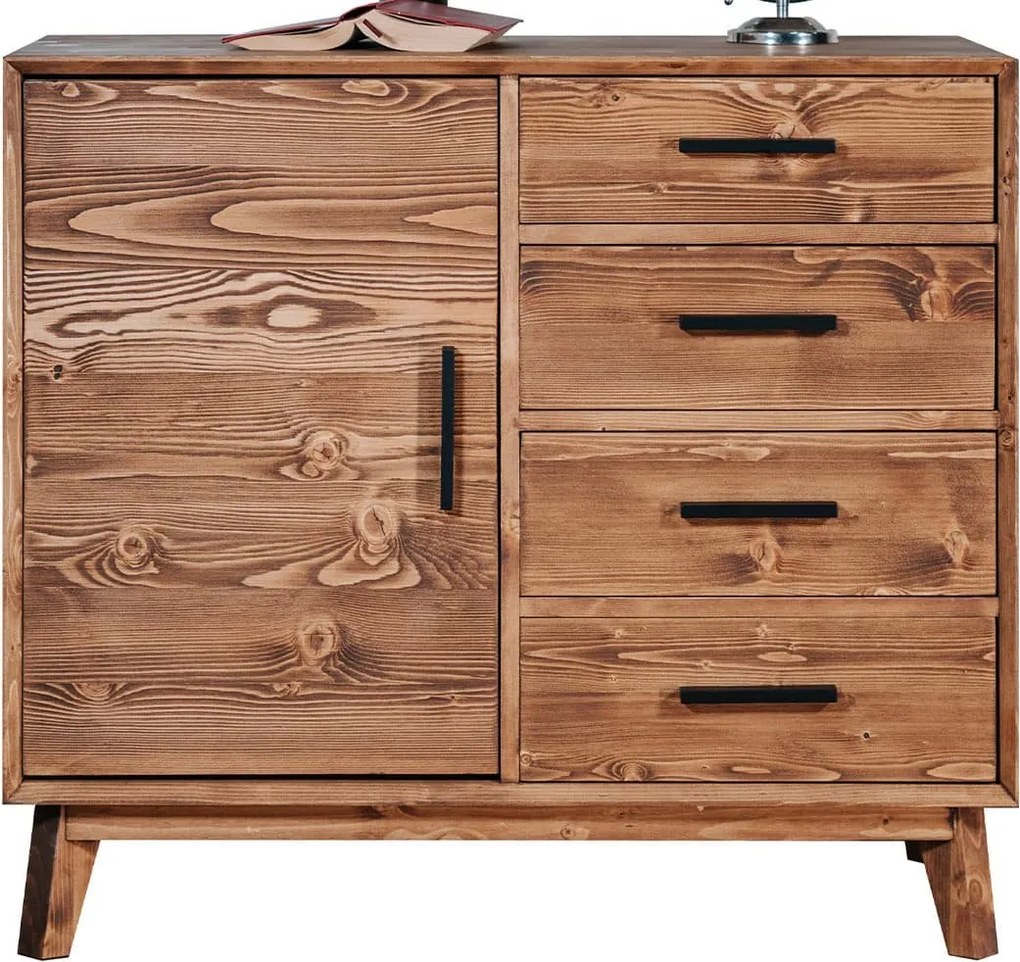 Comodă lemn masiv Timeless 4 Sertare 1 Ușă Whisky, 98 × 45 × 85 cm