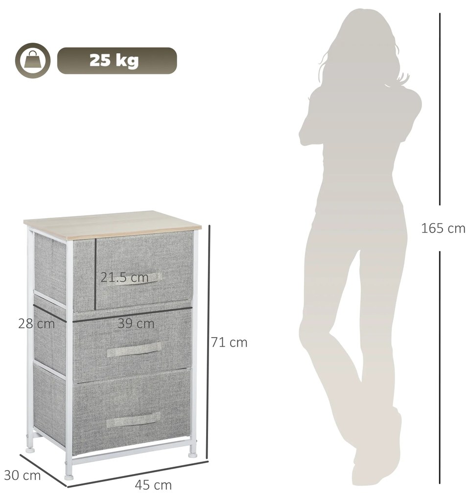 HOMCOM Mobilier de depozitare șifonier modern 3 sertare din material textil, cadru din oțel și placă de particule, 45 x 30 x 71 cm, gri | Aosom Romania