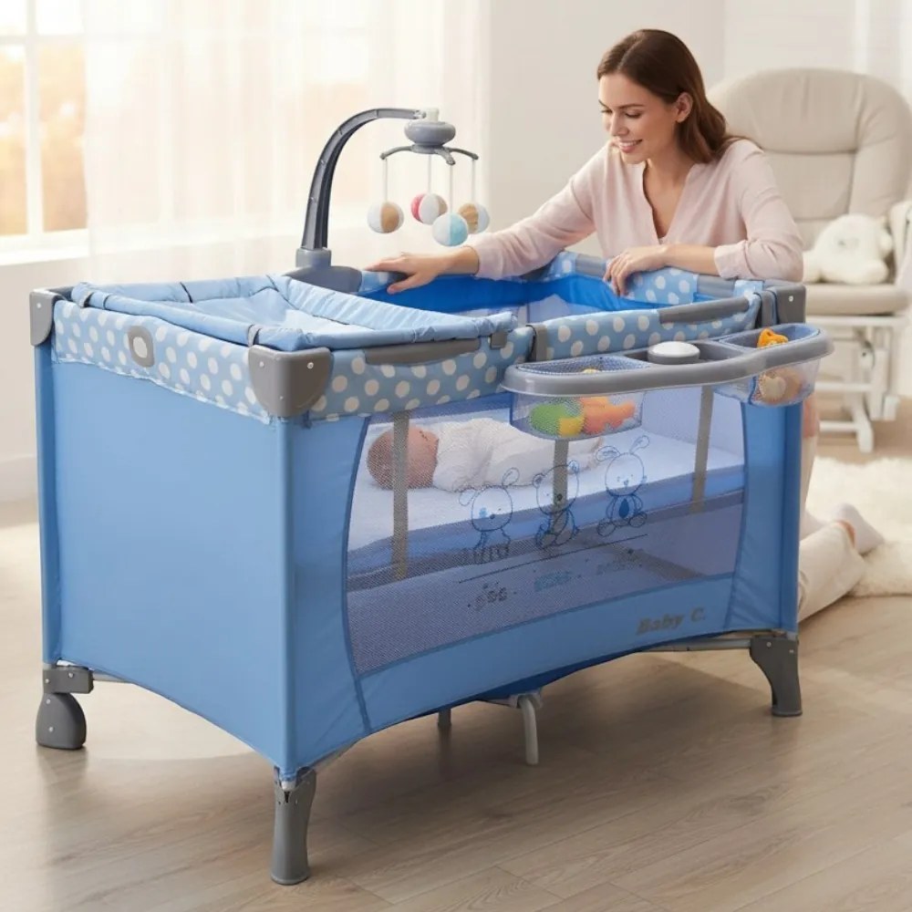 Patut Pliabil si Tarc copii Baby Care™ PRO FMAT, 2 Niveluri de inaltime, Cu melodii si Masa infasat, Carusel cu jucarii din plus, Plasa insecte,