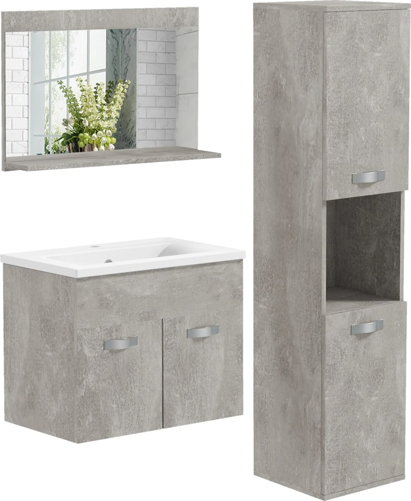 Set de Mobilier de Baie din 3 Piese, Montare pe Perete, cu Dulap cu Oglinda, Dulap de Depozitare Inalt, Gri Kleankin | Aosom Romania