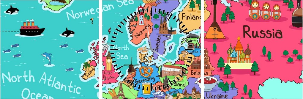 Tablou - Harta Europei pentru copii (cu ceas) (90x30 cm)