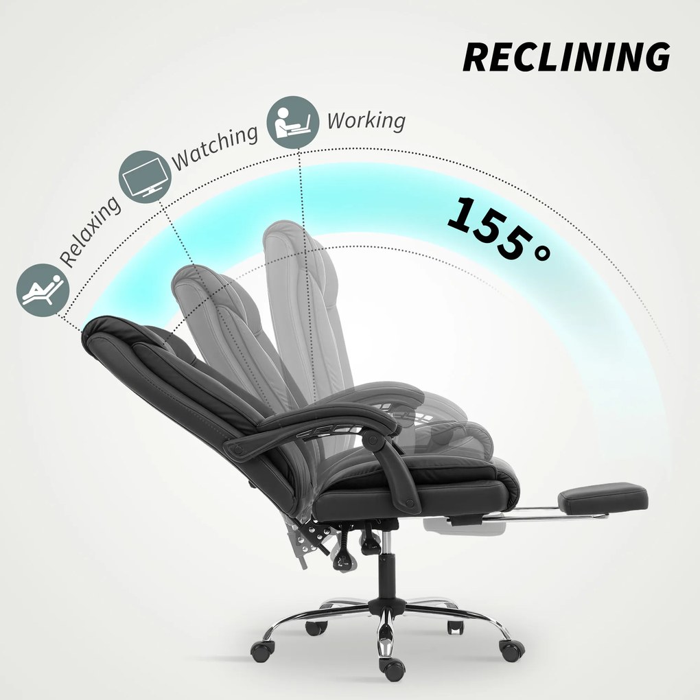 HOMCOM Scaun de Birou Reclinabil la 155° cu Suport pentru Picioare, Dublă Îmbunătățire și Tapițerie din Piele Ecologică, Negru | Aosom Romania