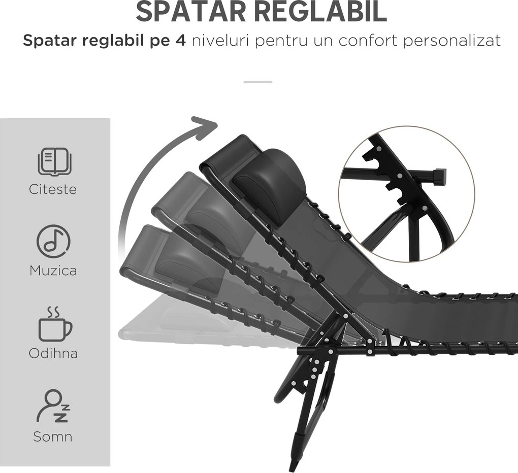 Outsunny Set de Două Șezlonguri Pliabile cu Spătar Reglabil în Patru Poziții - Negru | Aosom Romania
