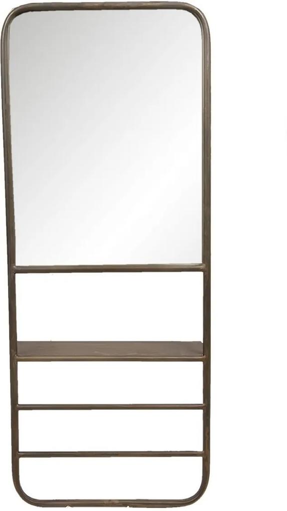 Oglinda de perete cu polita din lemn si rama metal negru cu patina aramie 40 cm x 14 cm x 100 h