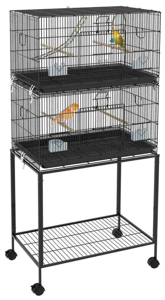 PawHut Cusca Dubla Stivuibila de 164cm pentru Pasari, pe Roti cu Suport, Tava Detasabila, Panou de Plasa Jos, Containere pentru Hrana | Aosom Romania