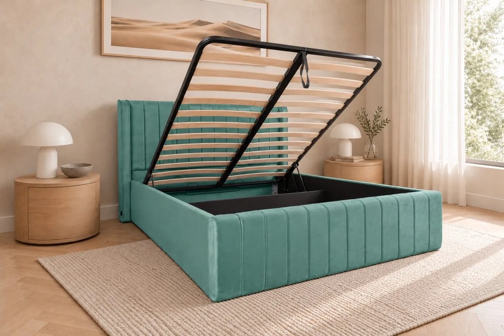 Pat tapițat din catifea Aurelia Simple 180×200 cm, verde marin, cu ladă de depozitare