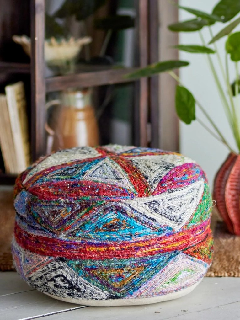 Taburet din bumbac țesut, multicolor, formă rotundă cusută manual, finisaj ignifug, 20 x 40 cm, „Torano”