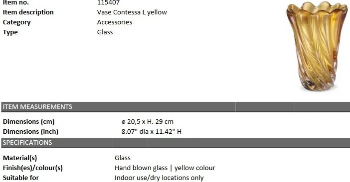 Vaza flori, Vas decorativ Contessa L, galben 115407 HZ