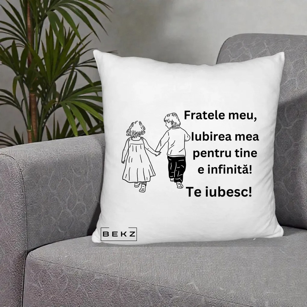 Cadou pentru Frate - Perna Personalizata Fratele Meu Te Iubesc Copii Tinand Maini Varianta 2, 40x40 cm, Alb Pufos, Husa Detasabila, Perna Inclusa, BEKZ®
