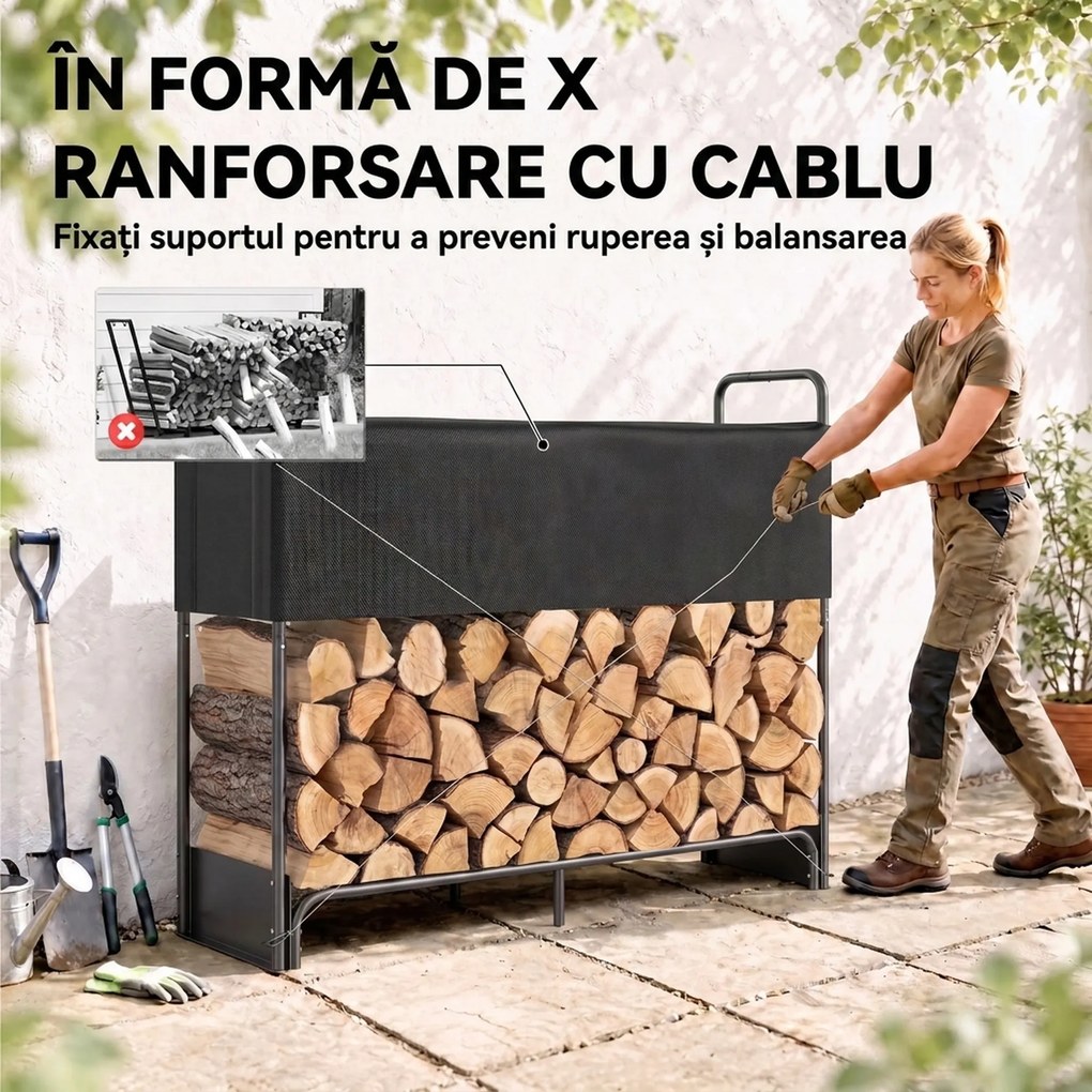 Outsunny Suport pentru Lemne de Foc pentru Interior și Exterior, Oțel Galvanizat cu Husă Oxford, 132x38x118 cm, Negru | Aosom Romania