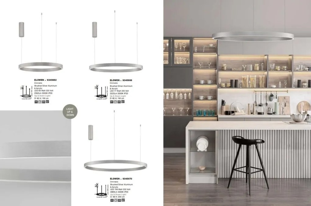 Lustra LED design circular cu iluminat sus si jos ELOWEN argintiu, diametru 60cm