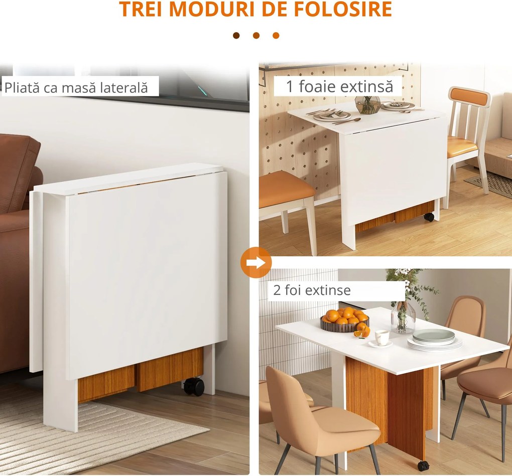 HOMCOM Masă de Prânz Pliabilă cu Roți, Mobilier Bucătărie Spațiu-Eficient, Alb, 120x80x73 cm | Aosom Romania