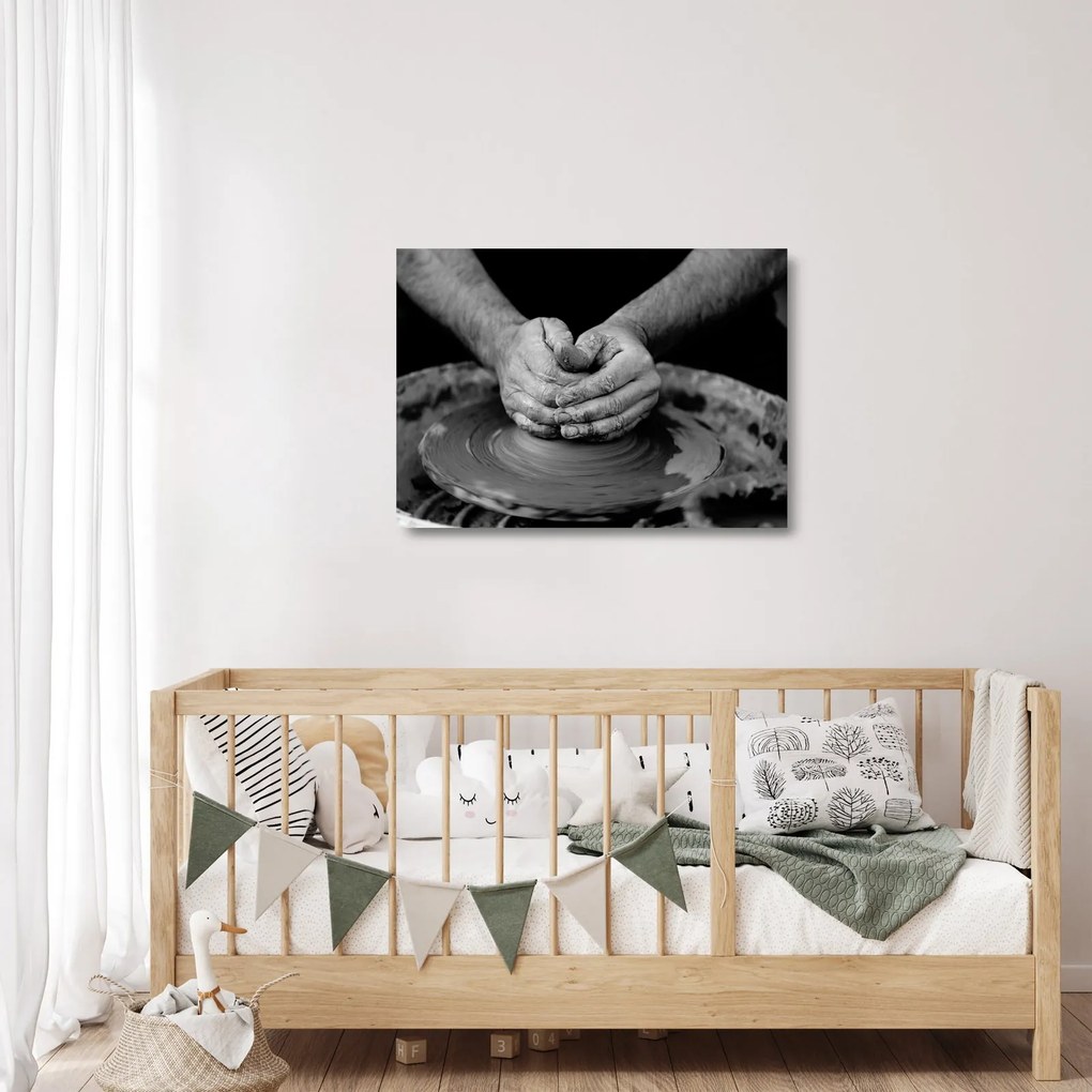 Tablou pe sticlă alb negru - producția de ceramică (70x50 cm)