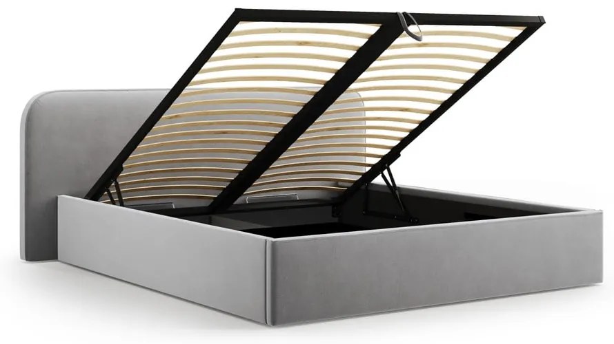 Pat matrimonial gri deschis tapițat cu spațiu de depozitare cu somieră 160x200 cm Elizabeth – Micadoni