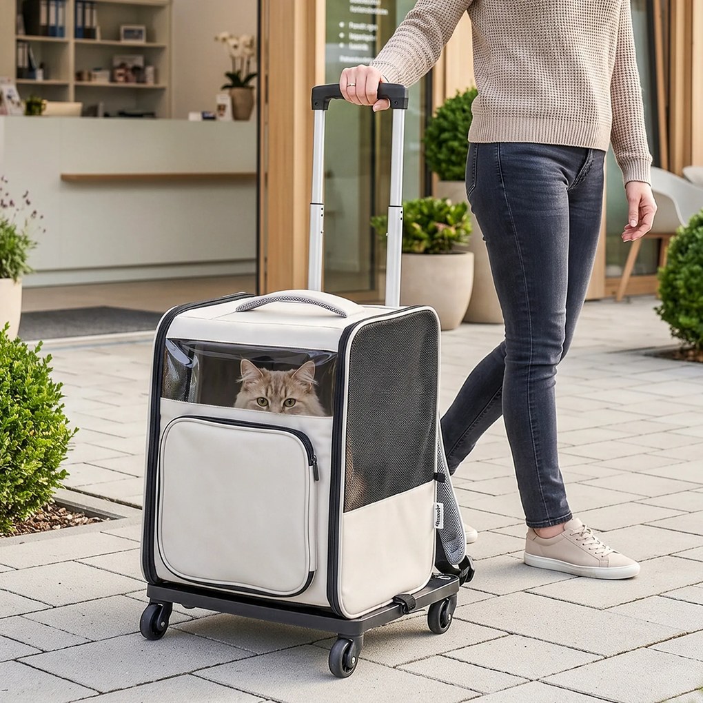 PawHut Transportor pentru Câini Și Pisici cu Roți, Mâner Telescopic, 2 Ferestre din Plasă, până la 5 kg, Gri | Aosom Romania