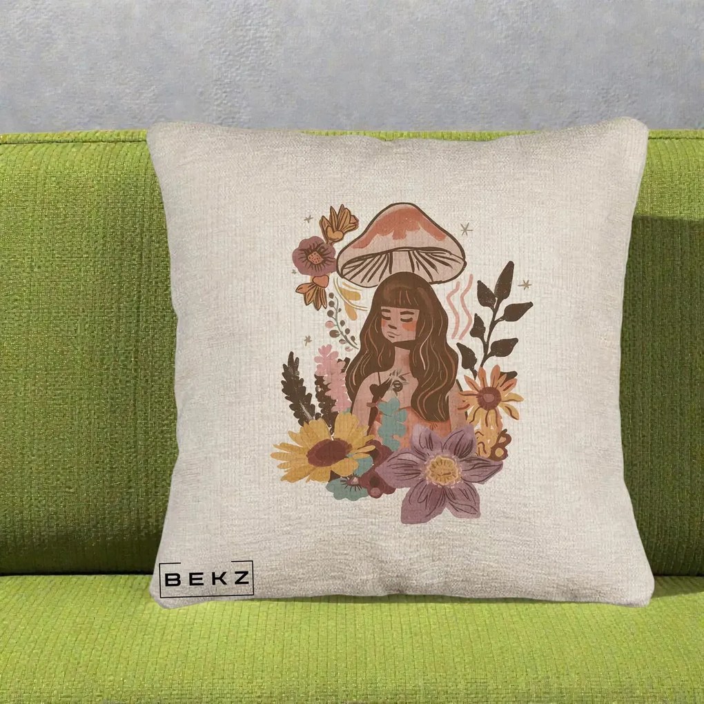 Perna Decorativa Fata Ciuperca Boho Florala, 40x40 cm, Bej Canapea, Husa Detasabila, Perna Inclusa, BEKZ®
