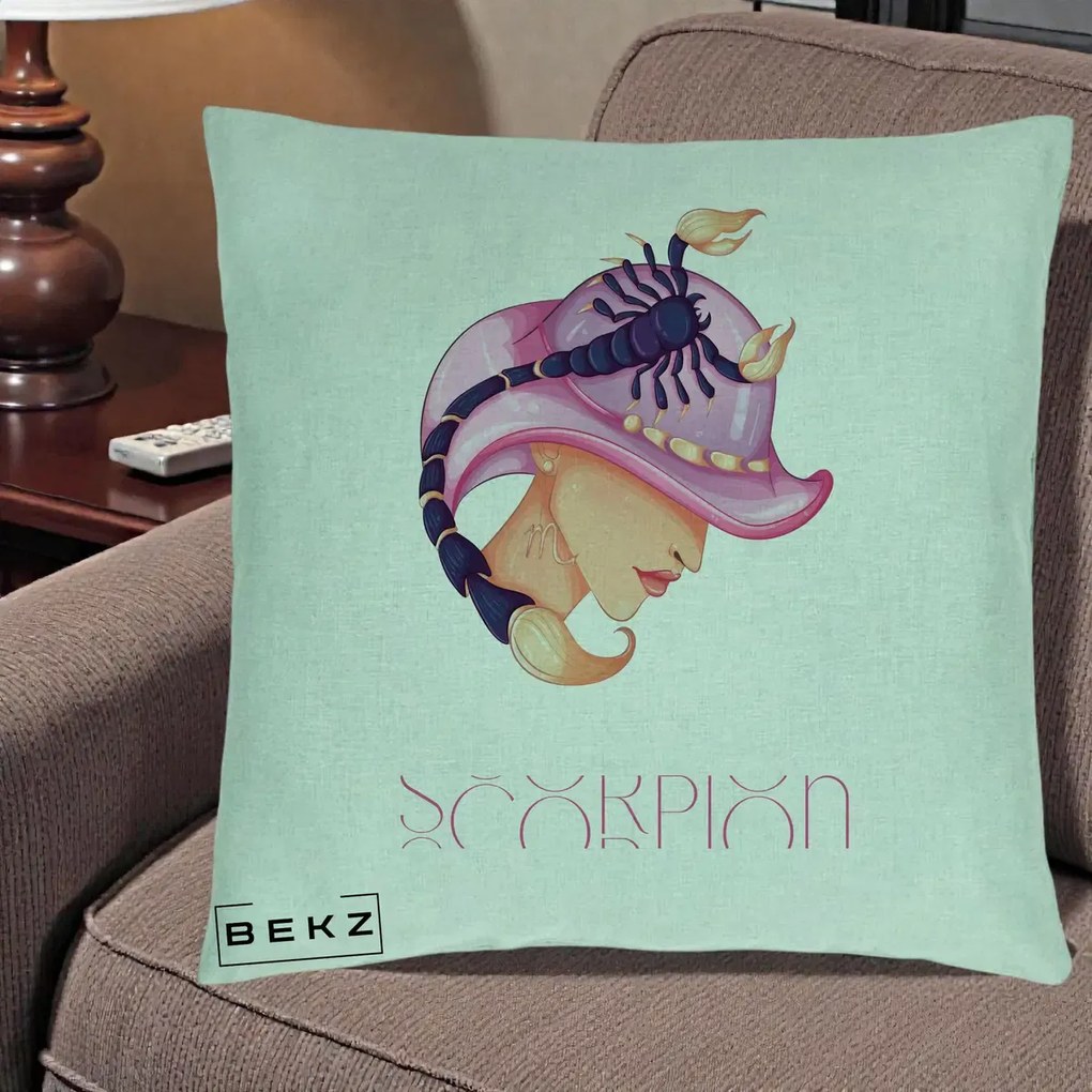 Perna Personalizata Zodiac Scorpion Cowgirl, 40x40 cm, Verde Menta, Husa Detasabila, Perna Inclusa, BEKZ®