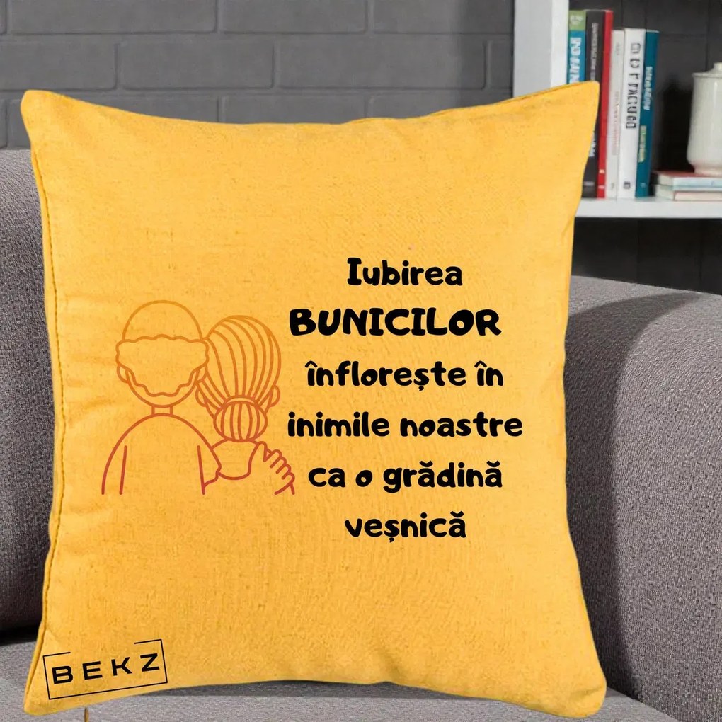 Cadou pentru Bunici - Perna Personalizata Iubirea Bunicilor Infloreste Cuplu Line Art Gradient, 40x40 cm, Galben, Husa Detasabila, Perna Inclusa, BEKZ®