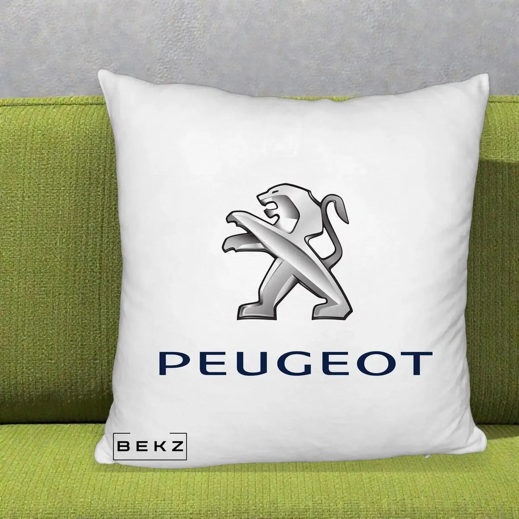 Perna Personalizata cu emblema Peugeot, 40x40 cm, Alb Pufos, Husa Detasabila, Perna Inclusa, BEKZ®